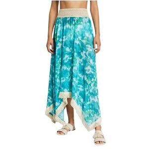Ramy Brook Floral Printed Riviera Skirt Turquoise XS S Handkerchief Hem Tassel T